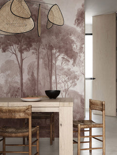 Papel mural Dosel I Burdeo en un ambiente decorado: mural de bosque en tonos burdeo y rosa viejo.