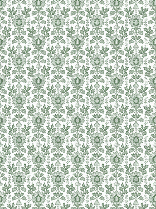 Papel mural Ellie Green, detalle del diseño: patrón botánico denso en verde salvia.