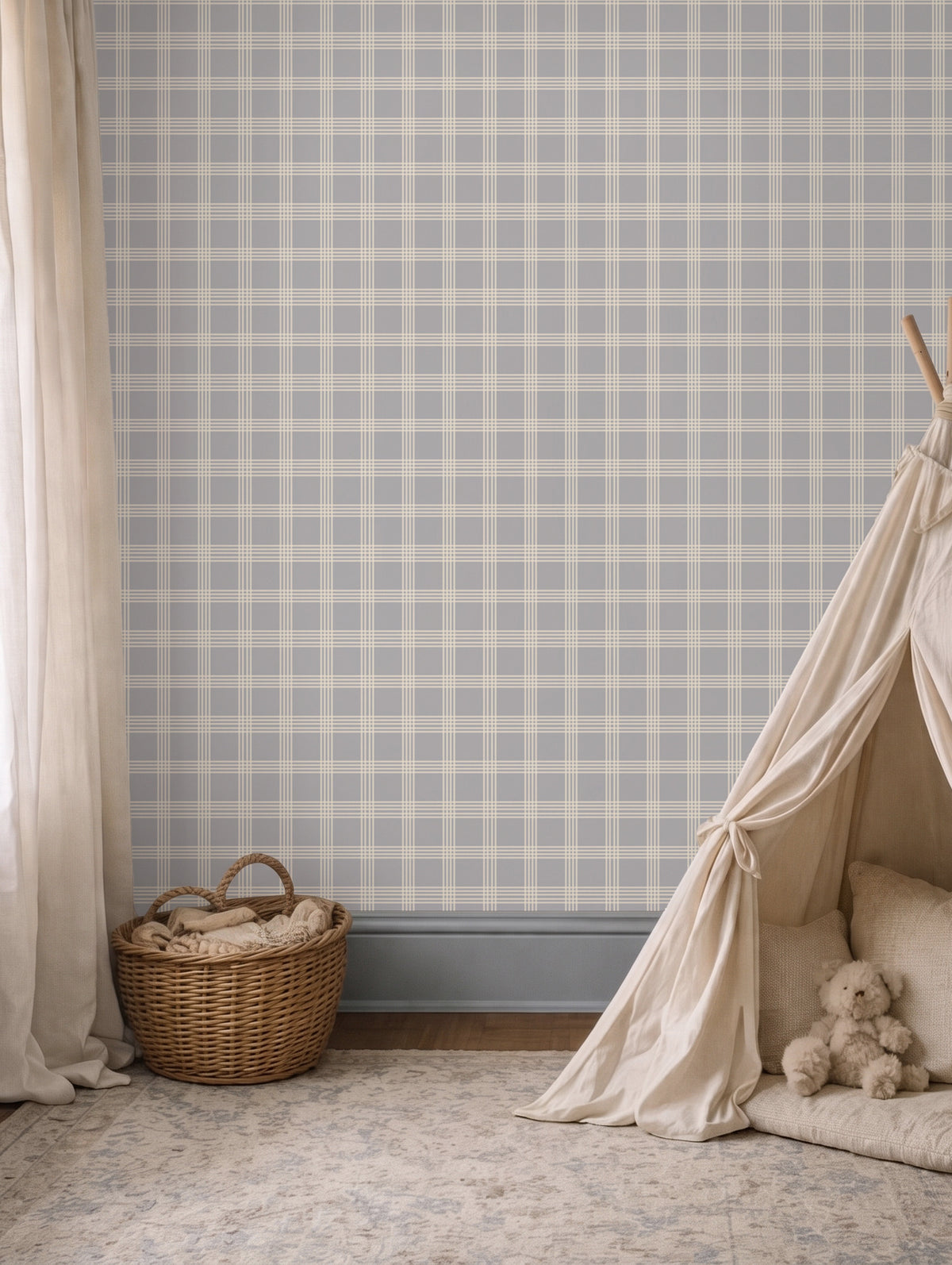 Papel mural Escocés Azul Liso en un ambiente decorado: cuadrillé escocés azul grisáceo en versión lisa.