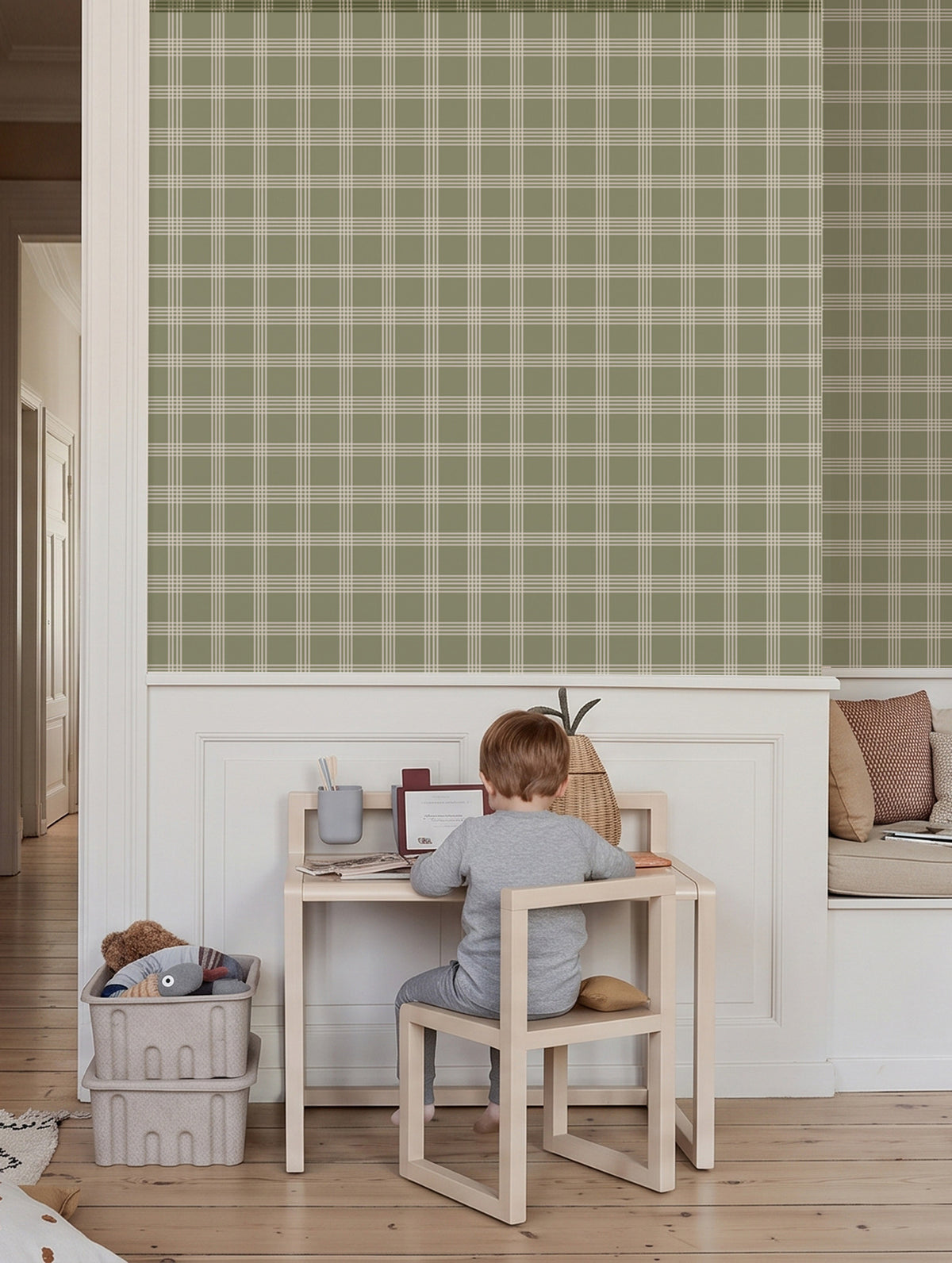 Papel mural Escocés Verde Liso en un ambiente decorado: cuadrillé escocés verde oliva en versión lisa.