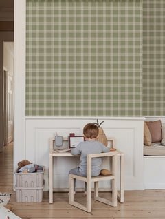 Papel mural Escocés Verde Liso en un ambiente decorado: cuadrillé escocés verde oliva en versión lisa.