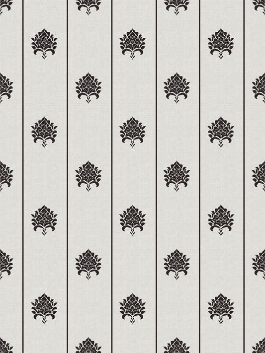 Papel mural Ethnic, detalle del diseño: rayas finas y medallones florales en negro sobre crema claro.