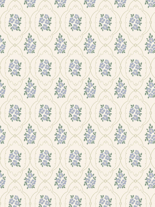 Papel mural Aurora, detalle del diseño: ramos de hojas azul grisáceo dentro de óvalos.