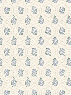 Papel mural Aurora, detalle del diseño: ramos de hojas azul grisáceo dentro de óvalos.