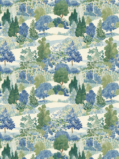 Papel mural Fields I, detalle del diseño: paisaje de colinas y árboles en verdes y azules.