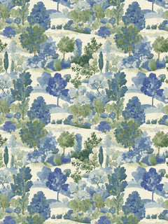 Papel mural Fields II, detalle del diseño: paisaje de árboles en azul y verde suave.