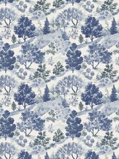 Papel mural Fields III, detalle del diseño: paisaje de árboles en azules.
