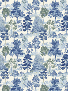 Papel mural Fields IV, detalle del diseño: bosquecillos en azul intenso y celeste.