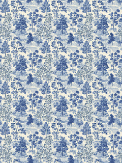 Papel mural Fields V, detalle del diseño: escenas de árboles en azul cobalto.