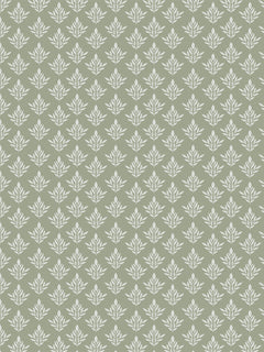 Papel mural Filippa, detalle del diseño: motivo floral blanco sobre verde salvia.
