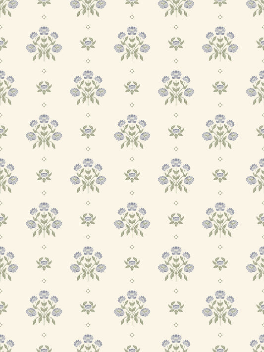 Papel mural Florencia Liso, detalle del diseño: ramos de flores azul grisáceo sobre fondo liso.