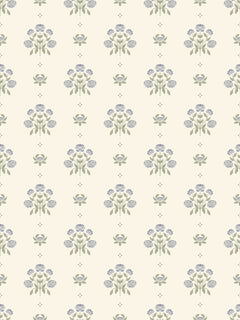 Papel mural Florencia Liso, detalle del diseño: ramos de flores azul grisáceo sobre fondo liso.