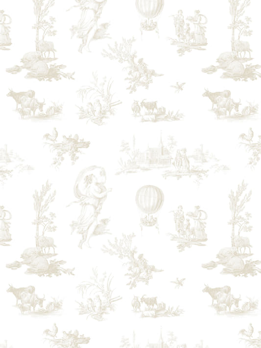 Papel mural French Farm Beige, detalle del diseño: toile de granja en beige muy tenue sobre blanco.