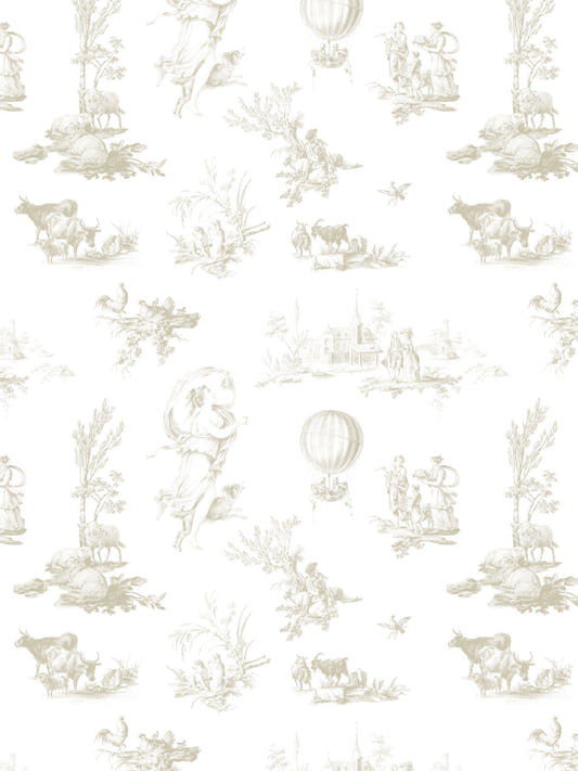 Papel mural French Farm Beige, detalle del diseño: toile de granja en beige muy tenue sobre blanco.