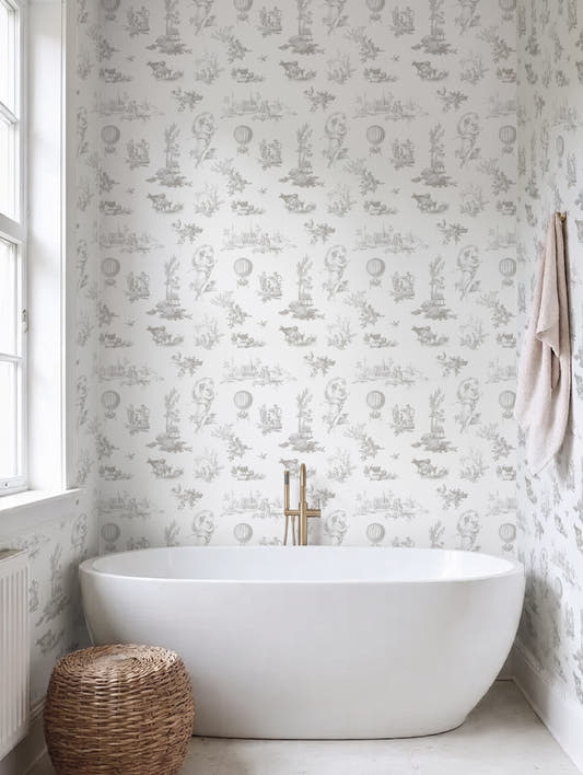 Papel mural French Farm Gray, sutil diseño de toile de granja en gris claro sobre blanco.