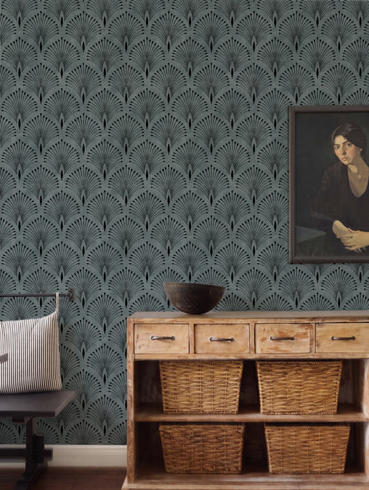 Papel mural Gat Black, art déco diseño de abanicos en gris azulado y negro.