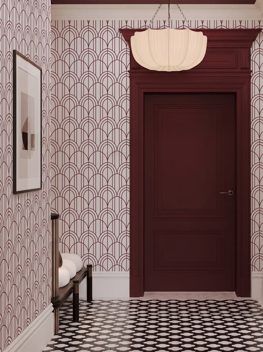 Papel mural Gatsby Burdeo, art déco diseño de arcos art déco superpuestos en burdeo sobre blanco.