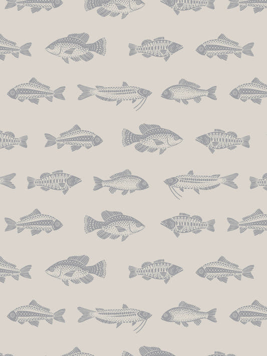Papel mural Going with the Flow Gray, detalle del diseño: filas de peces en gris azulado.