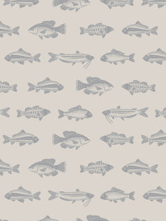 Papel mural Going with the Flow Gray, detalle del diseño: filas de peces en gris azulado.
