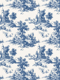Papel mural Hamlet, detalle del diseño: toile de molinos y aldeas en azul cobalto.