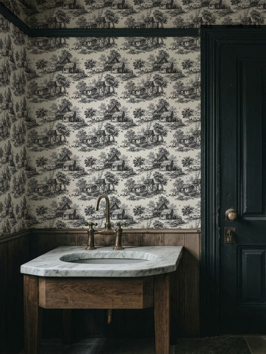 Papel mural Heritage Black en un ambiente decorado: toile de casas de campo en negro sobre crema.