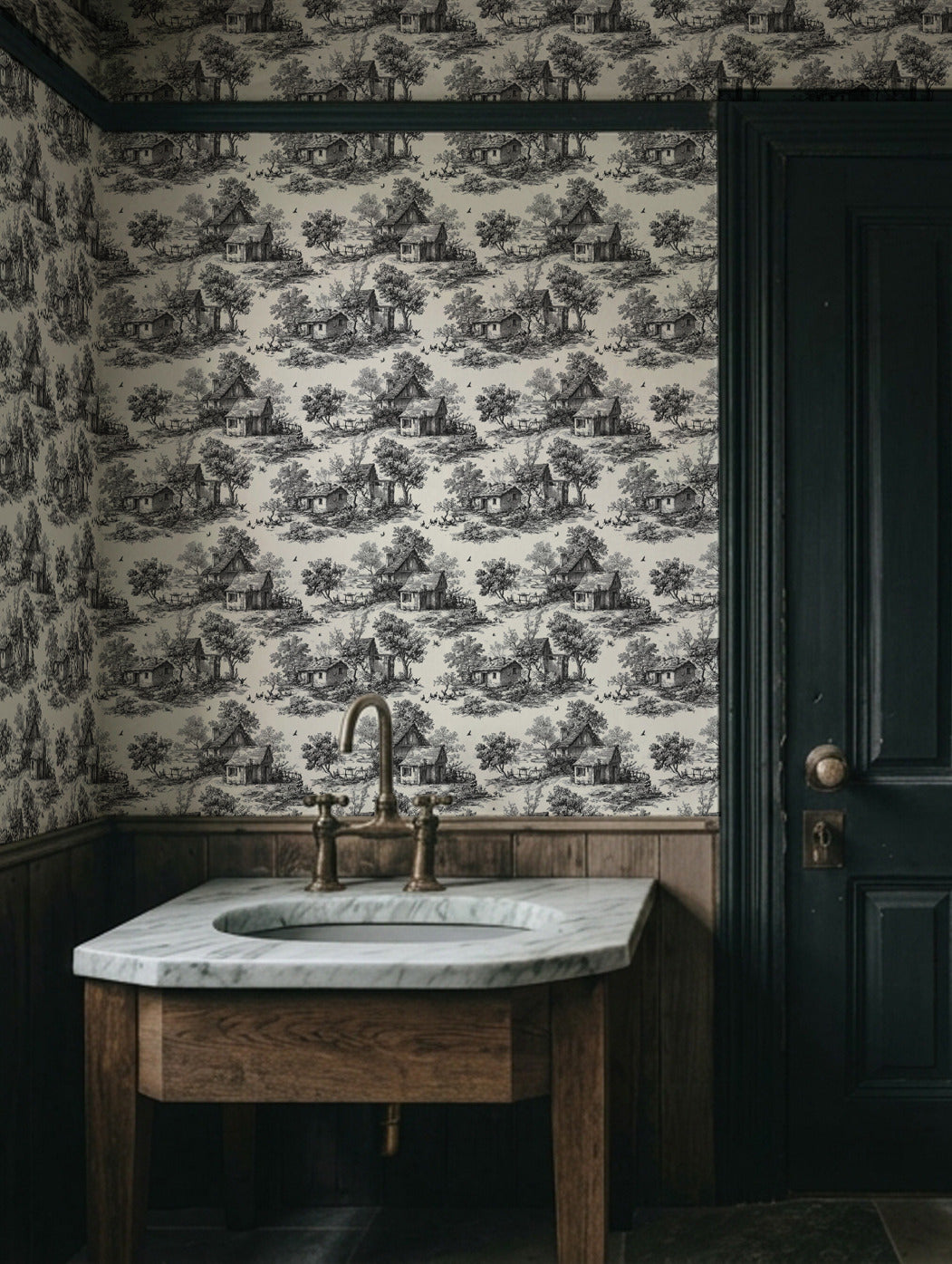 Papel mural Heritage Black en un ambiente decorado: toile de casas de campo en negro sobre crema.