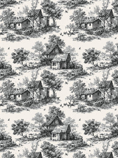 Papel mural Heritage Black, detalle del diseño: toile de casas de campo en negro sobre crema.
