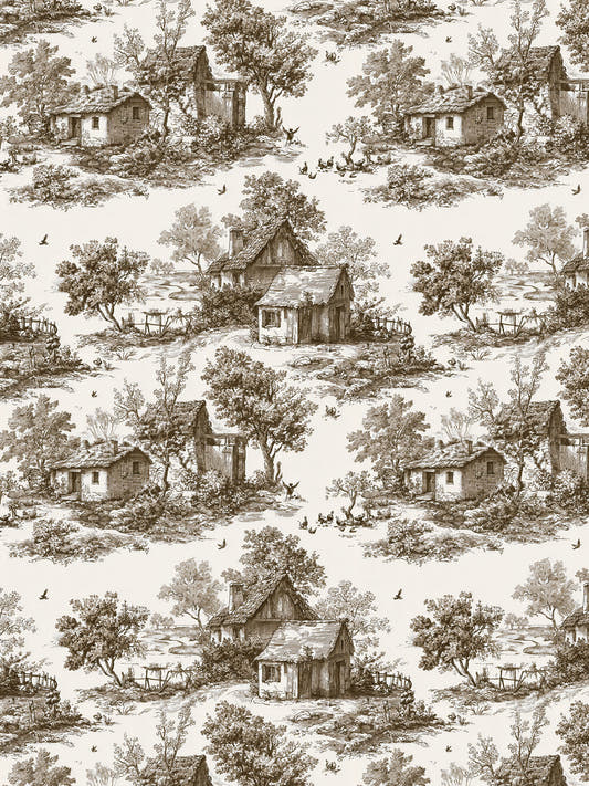 Papel mural Heritage Sepia, detalle del diseño: toile de casas de campo en sepia.
