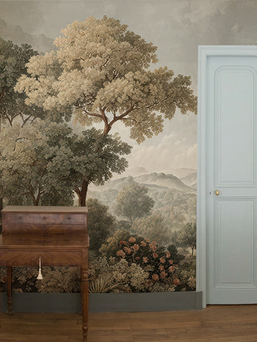 Papel mural Landscape en un ambiente decorado: mural de paisaje con árboles y montañas en pintura antigua.