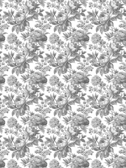 Papel mural Laura Black, detalle del diseño: rosas y peonías en negro y grises.
