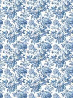Papel mural Laura Blue, detalle del diseño: rosas y peonías en azul cobalto.