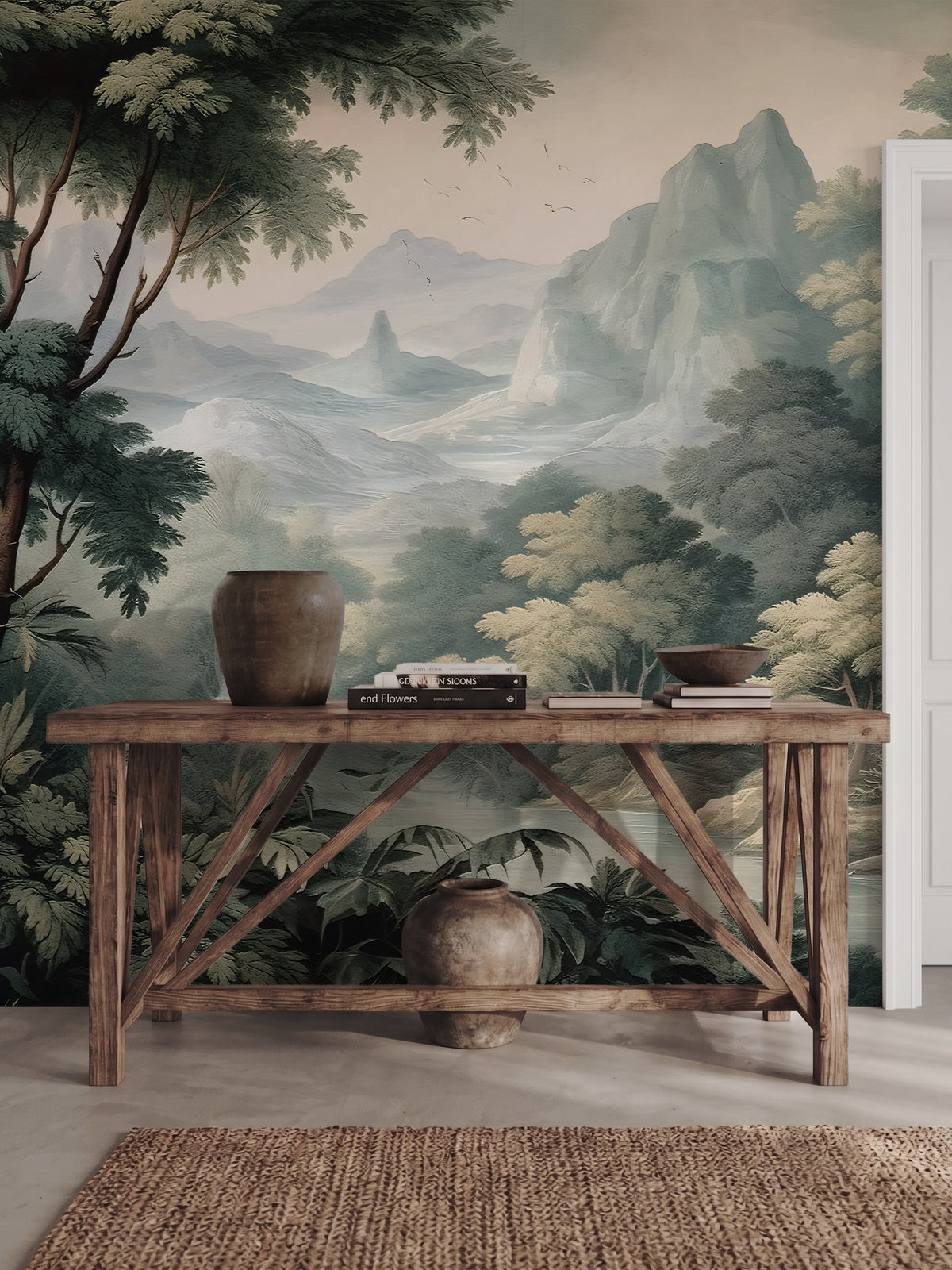 Papel mural Le Beau Paysage, envolvente diseño de paisaje de árboles y montañas en verde azulado y crema. Ideal para comedores y dormitorios.