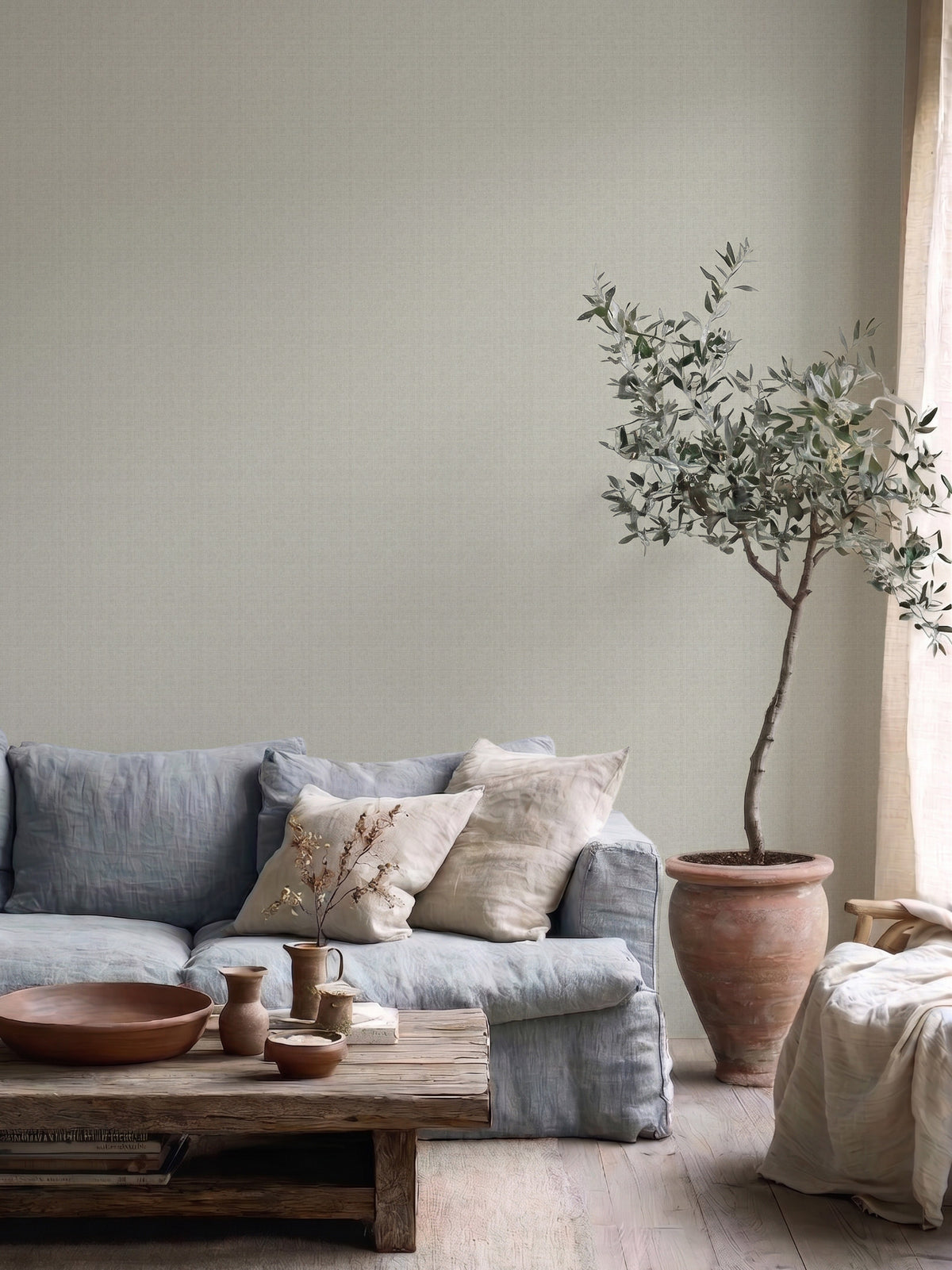 Papel mural Linen Beige, neutro diseño de liso con trama de lino en beige claro.