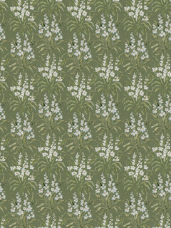 Papel mural Little Almudena, detalle del diseño: ramas floridas blancas sobre verde musgo.