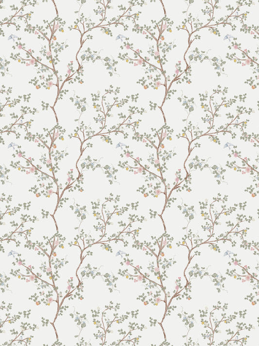 Papel mural Little Eleonora, detalle del diseño: ramas con florcitas rosadas, hojas verdes y pajaritos sobre crema.
