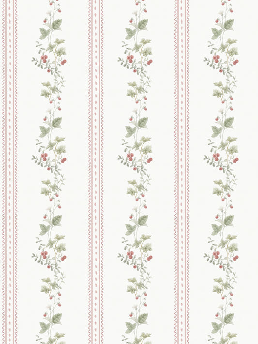 Papel mural Little Raspberry, detalle del diseño: guardas verticales de frambuesas y hojas verdes entre rayas rosadas.