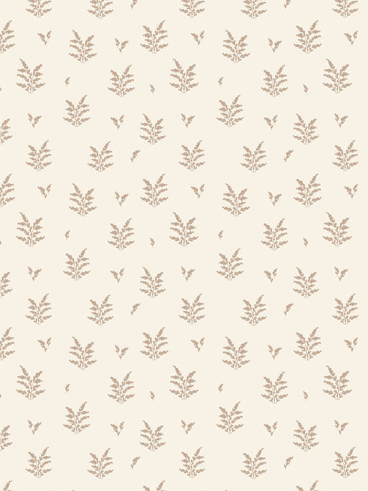 Papel mural Lucía, detalle del diseño: ramas de hojas terracota sobre crema.