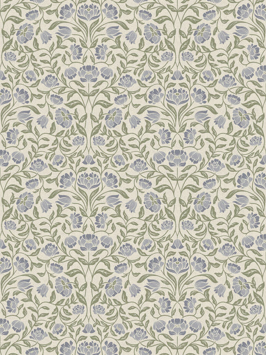 Papel mural Luisa, detalle del diseño: flores lila y verde en patrón simétrico.