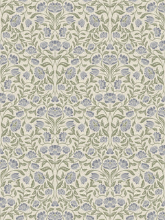 Papel mural Luisa, detalle del diseño: flores lila y verde en patrón simétrico.