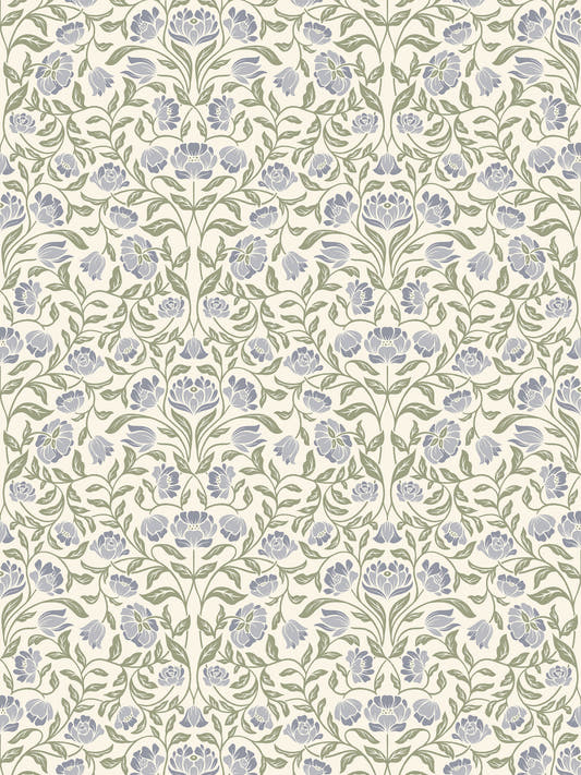 Papel mural Luisa Liso, detalle del diseño: flores lila y verde sobre fondo liso.