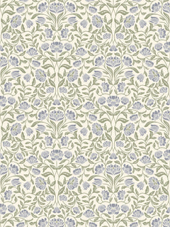 Papel mural Luisa Liso, detalle del diseño: flores lila y verde sobre fondo liso.