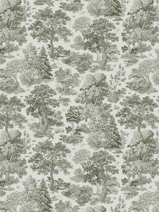 Papel mural Moulin Green, detalle del diseño: toile verde salvia sobre crema con bosques y pinos a plumilla.