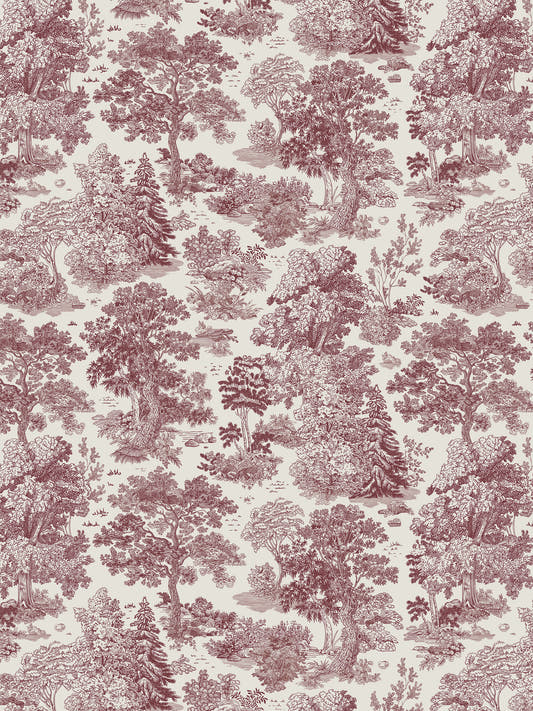 Papel mural Moulin Red, detalle del diseño: toile burdeo sobre crema con bosques y árboles a plumilla.
