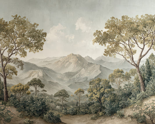 Papel mural Mountains, detalle del diseño: montañas lejanas entre árboles altos.