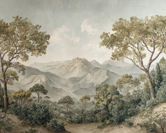 Papel mural Mountains, detalle del diseño: montañas lejanas entre árboles altos.