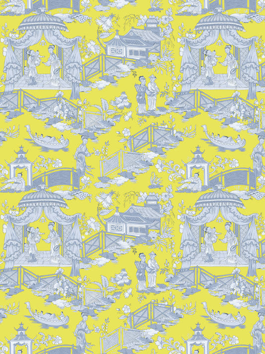 Papel mural Mulan Amarillo, detalle del diseño: chinoiserie de pagodas en azul sobre amarillo.