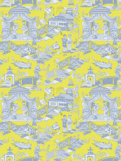 Papel mural Mulan Amarillo, detalle del diseño: chinoiserie de pagodas en azul sobre amarillo.