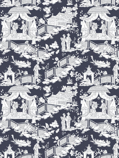Papel mural Mulan Azul, detalle del diseño: chinoiserie de pagodas en blanco sobre azul marino.