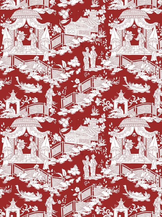 Papel mural Mulan Rojo, detalle del diseño: chinoiserie de pagodas en blanco sobre rojo.