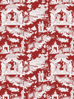 Papel mural Mulan Rojo, detalle del diseño: chinoiserie de pagodas en blanco sobre rojo.